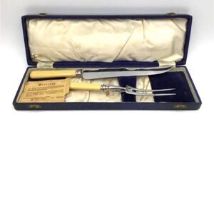 Antique Friar Yellow Original Stainless Steel Carving Knife & Fork Set With Case